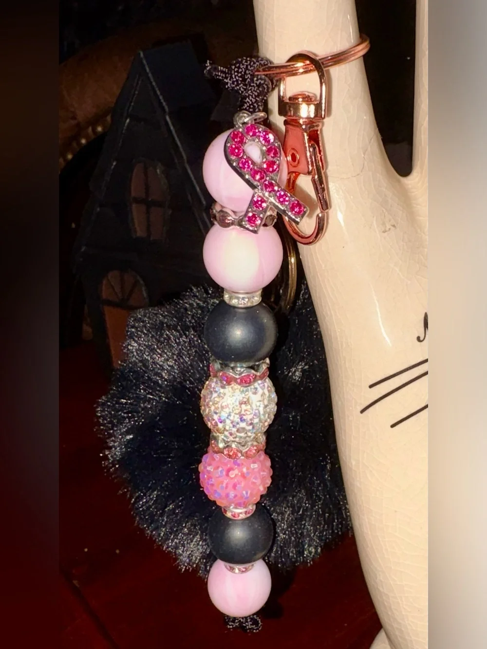 Breast cancer bag charm with black cat Pom